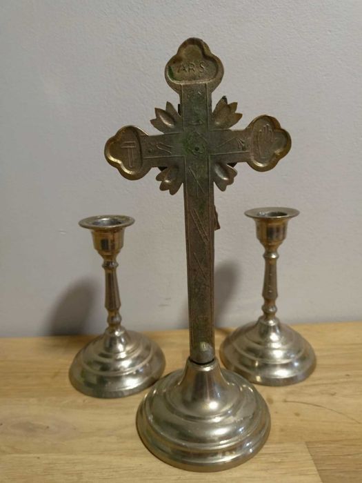 stary zestaw kolędowy pasyjka lichtarze sygnowany