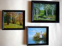 Триптих - три картины маслом, пейзажи, в деревянных рамках