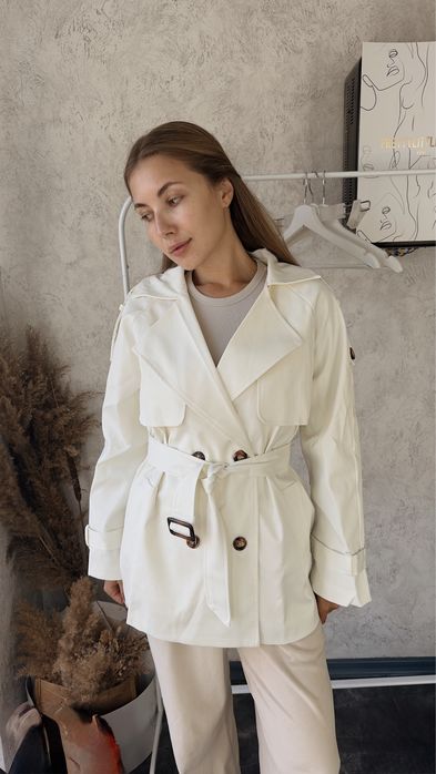 Білий вкорочений тренч кроп тренч білий