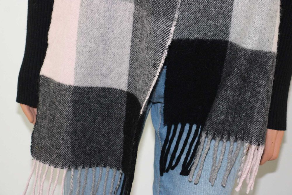 sl3 ciepły wełniany szalik z frędzlami Krata 26x180