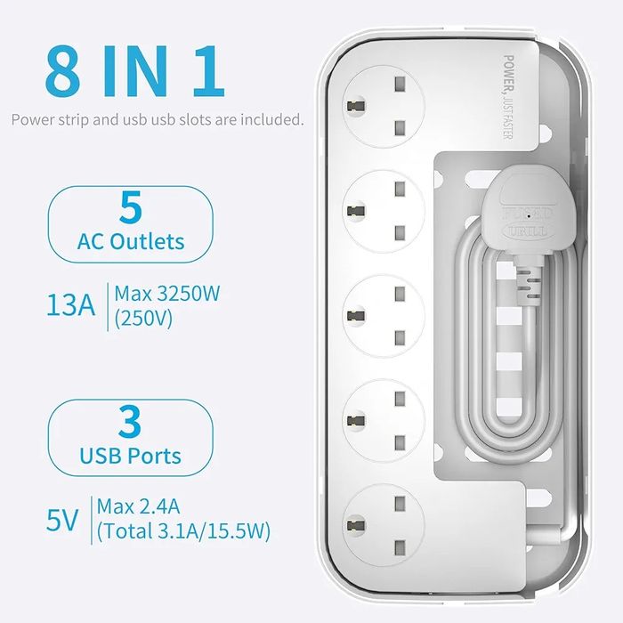 Hulker Przedłużacz 2 m z USB pudełko do przechowywania kabli, 5 gniazd