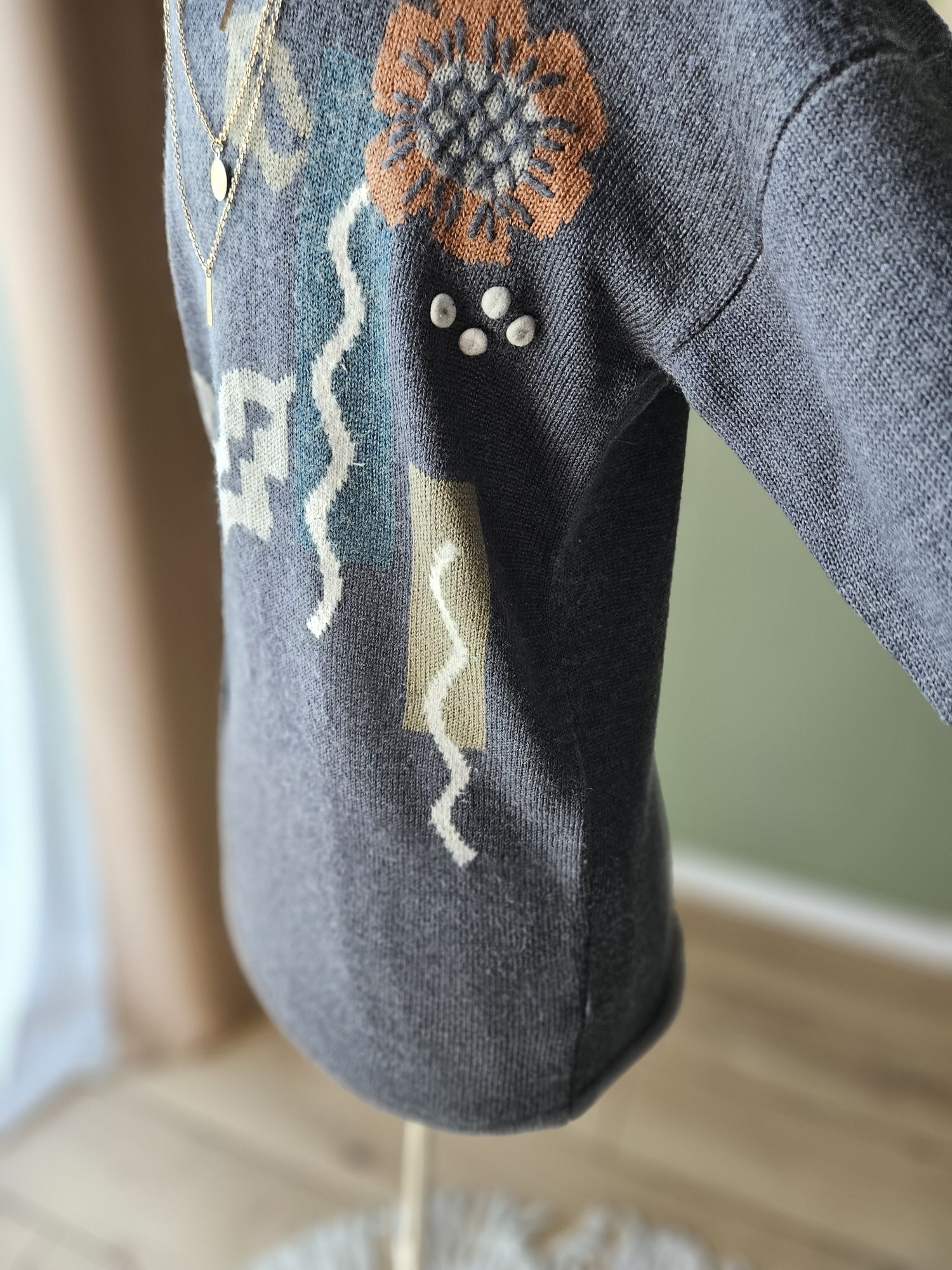Jesienny welniany Damski niebiesko szary sweter Vintage z wełną i ango