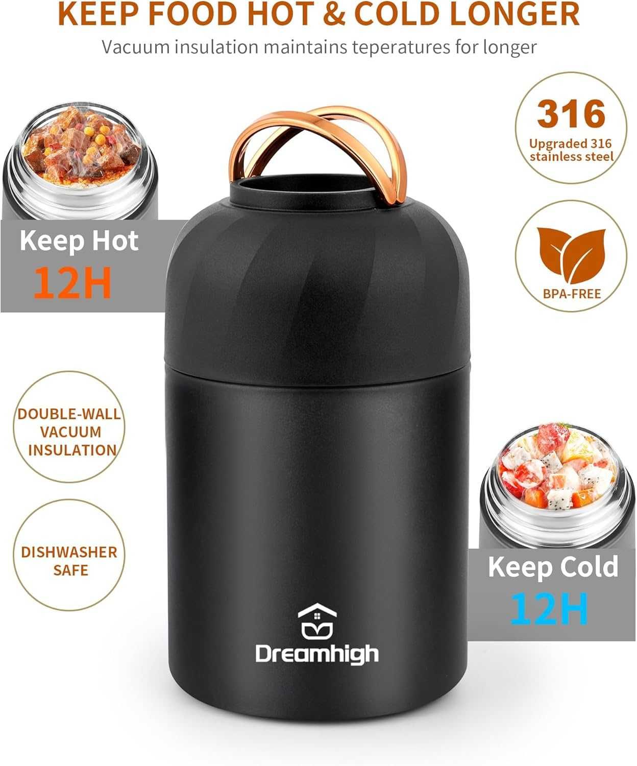 Dreamhigh® Pojemnik termiczny na żywność, 850 ml, ze stali nierdzewnej