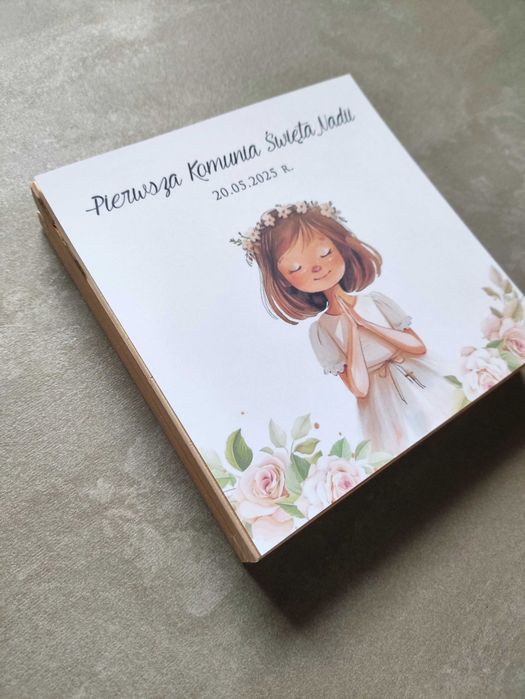 Pierwsza Komunia Święta drewniane pudełko życzenia podziękowania preze