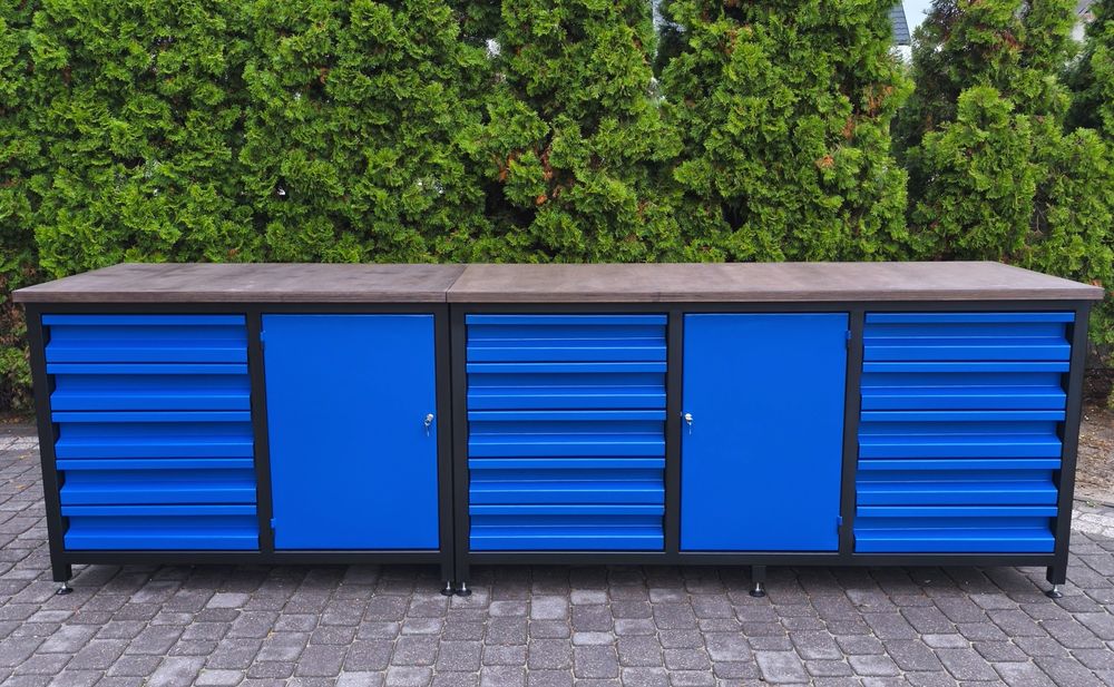 Stół warsztatowy, falbanek, szafka narzędziowa