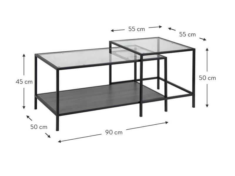 Komplet 2 loftowych stolików kawowych ze szklanym blatem Seaford