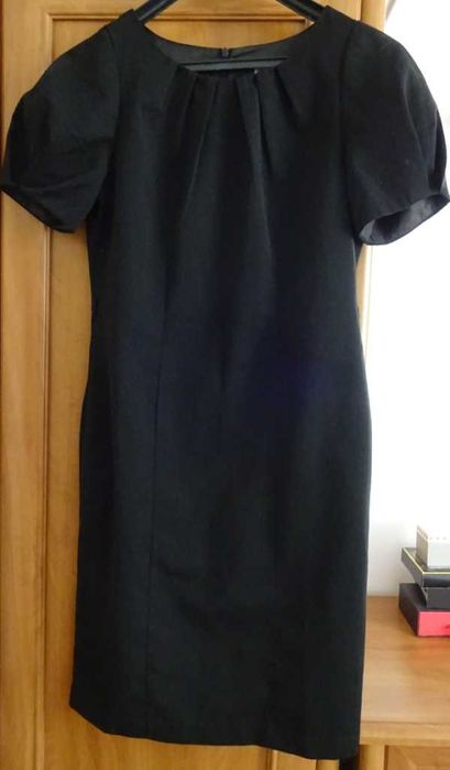 Sukienka Czarna Krótki Rękaw Elegancka Proste Cięcia, Zamek, Podszewka