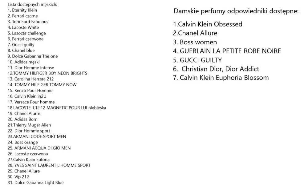 Perfumy 33ml 20 szt LISTA różne 5zł szt perfumetki męskie damskie