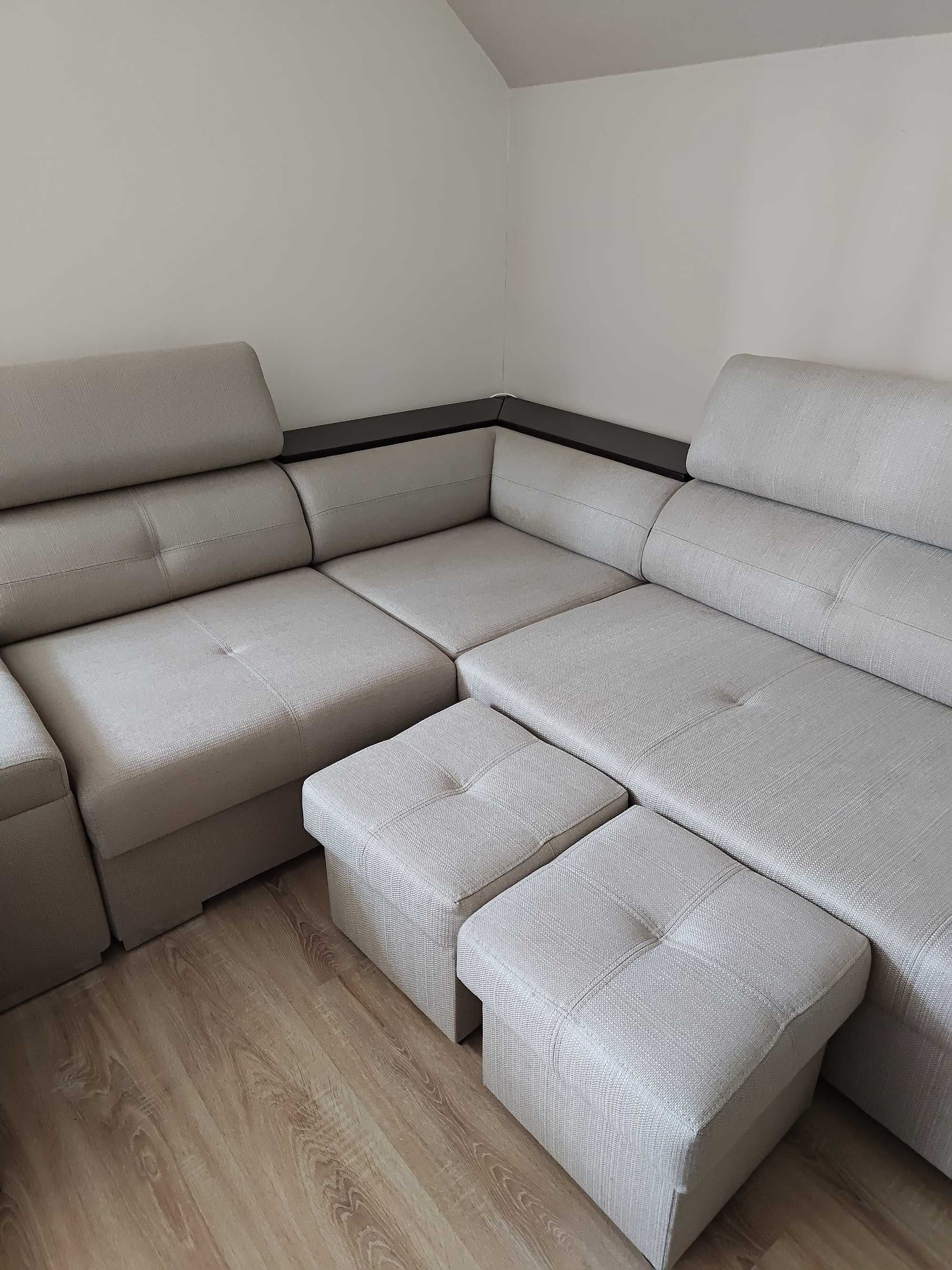 PILNE! Narożnik z funkcją spania, pojemnik, 2 pufy