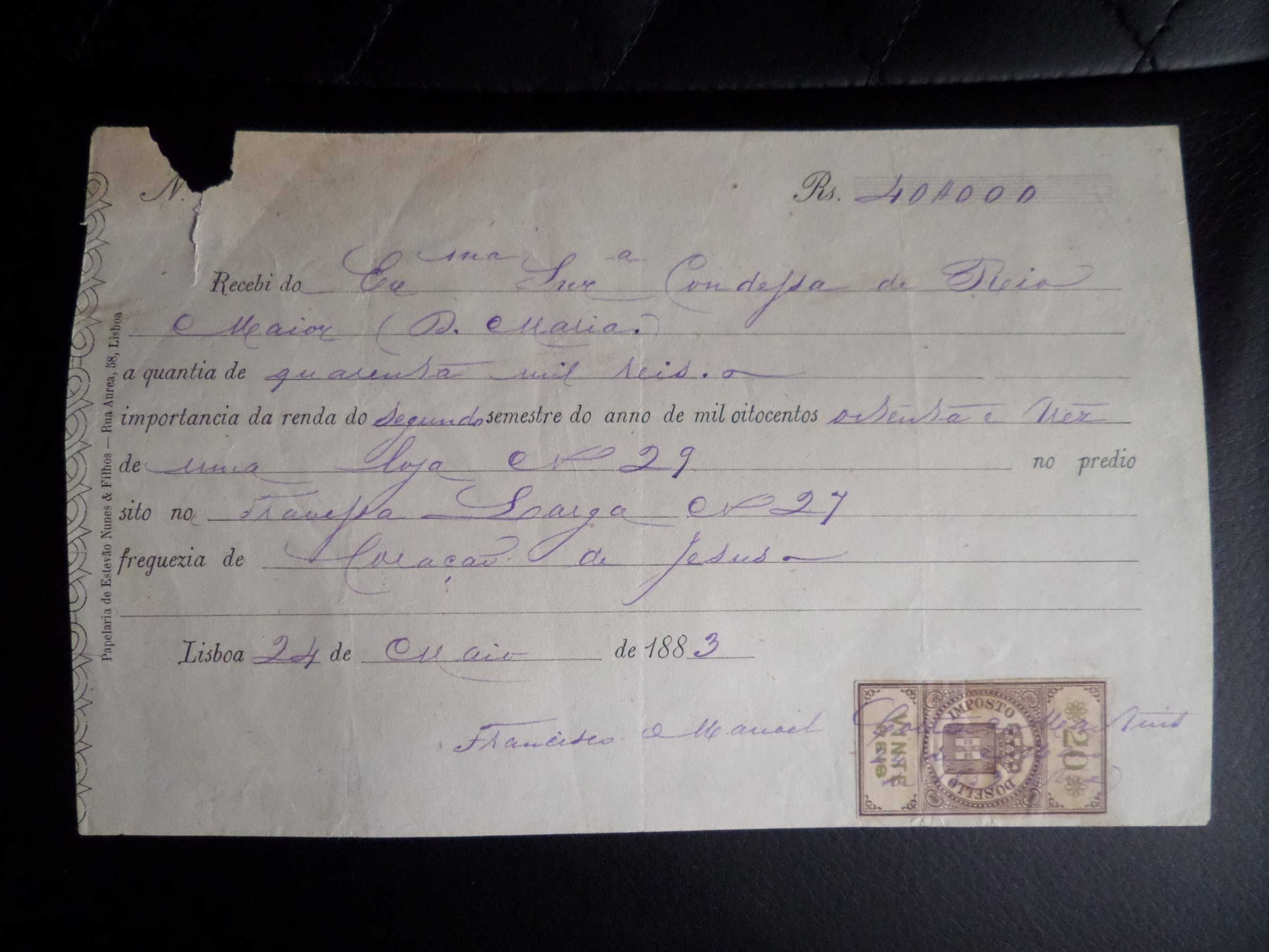 Documento / Recibo manuscrito , ano 1865  Condessa de Rio Maior