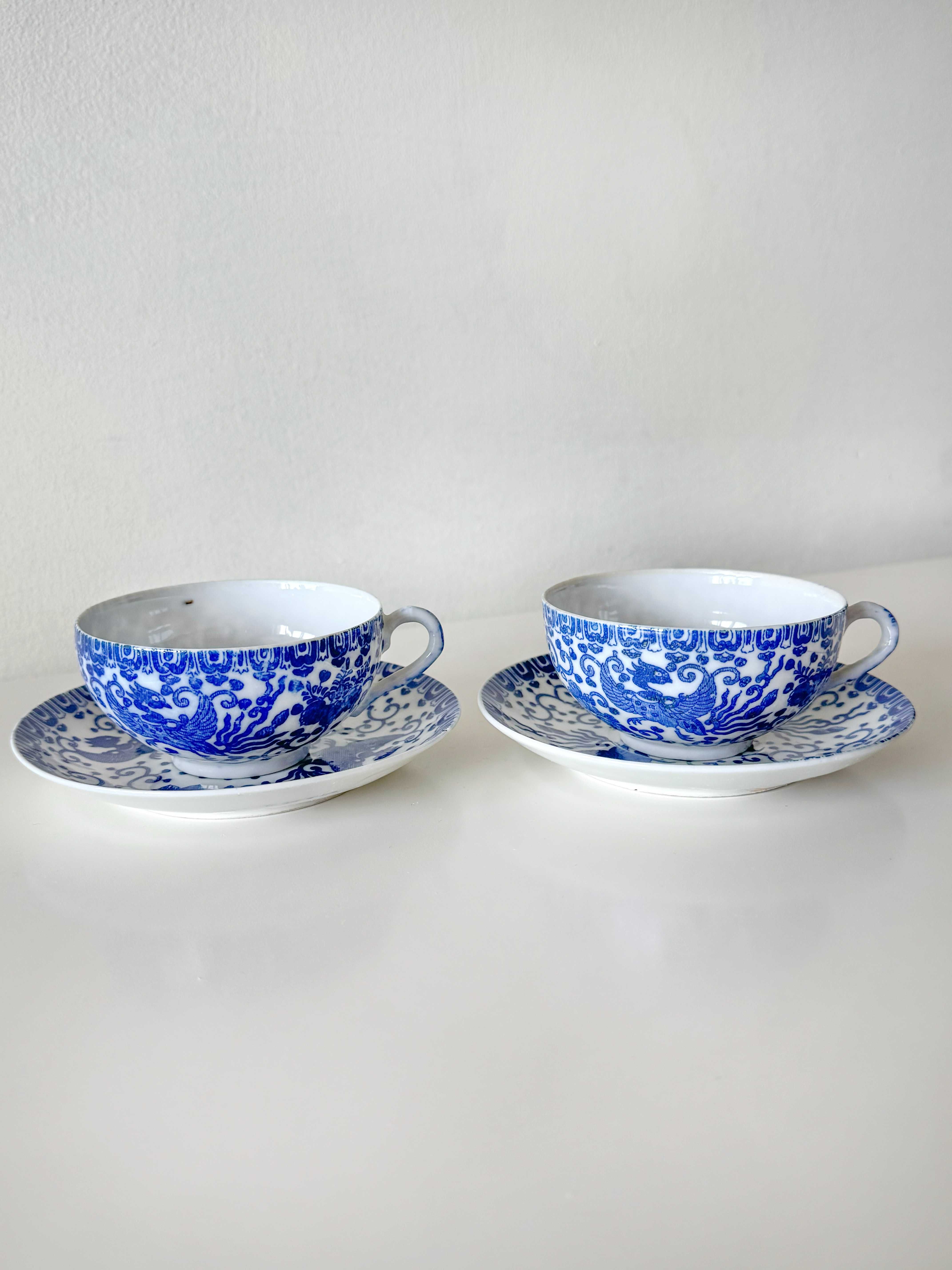 2 Filiżanki ze Spodkiem Japoński Zestaw Porcelany Ryżowej "Phoenix"