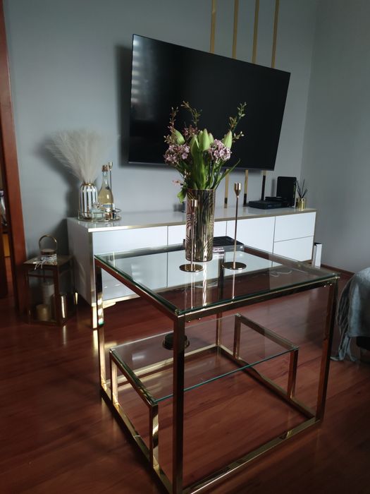 NIZSZA CENA! Stolik kawowy złoty biały  połysk szkło kwadrat 60x60 Gla