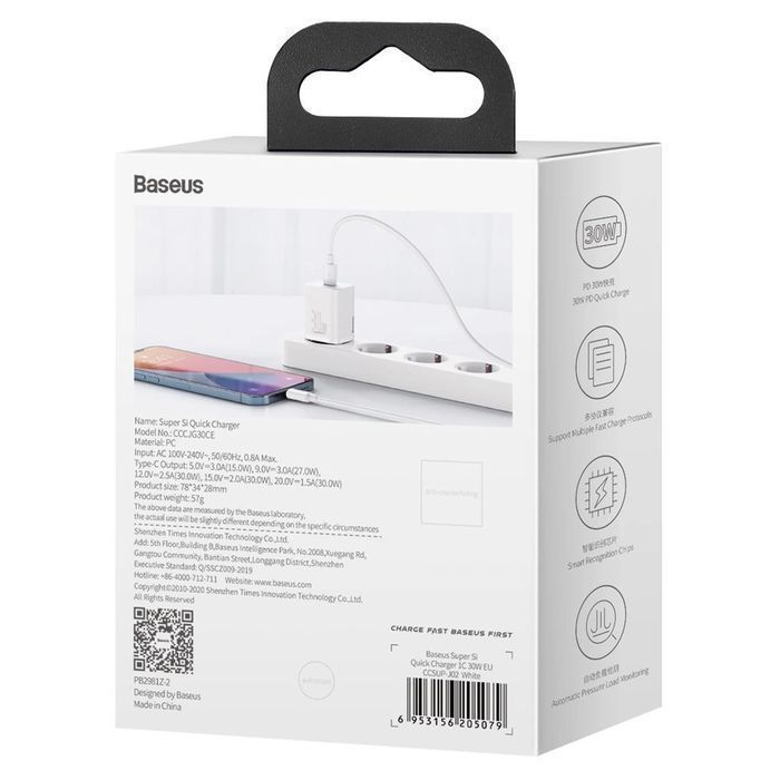Baseus Super Si 1C szybka ładowarka USB C 30W PD QC biały