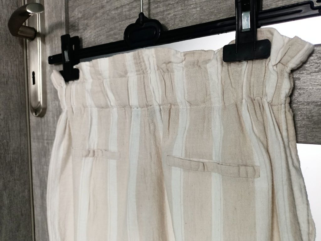 Drewniane guziki len spodnie paski kieszenie guma scandi slow Boho