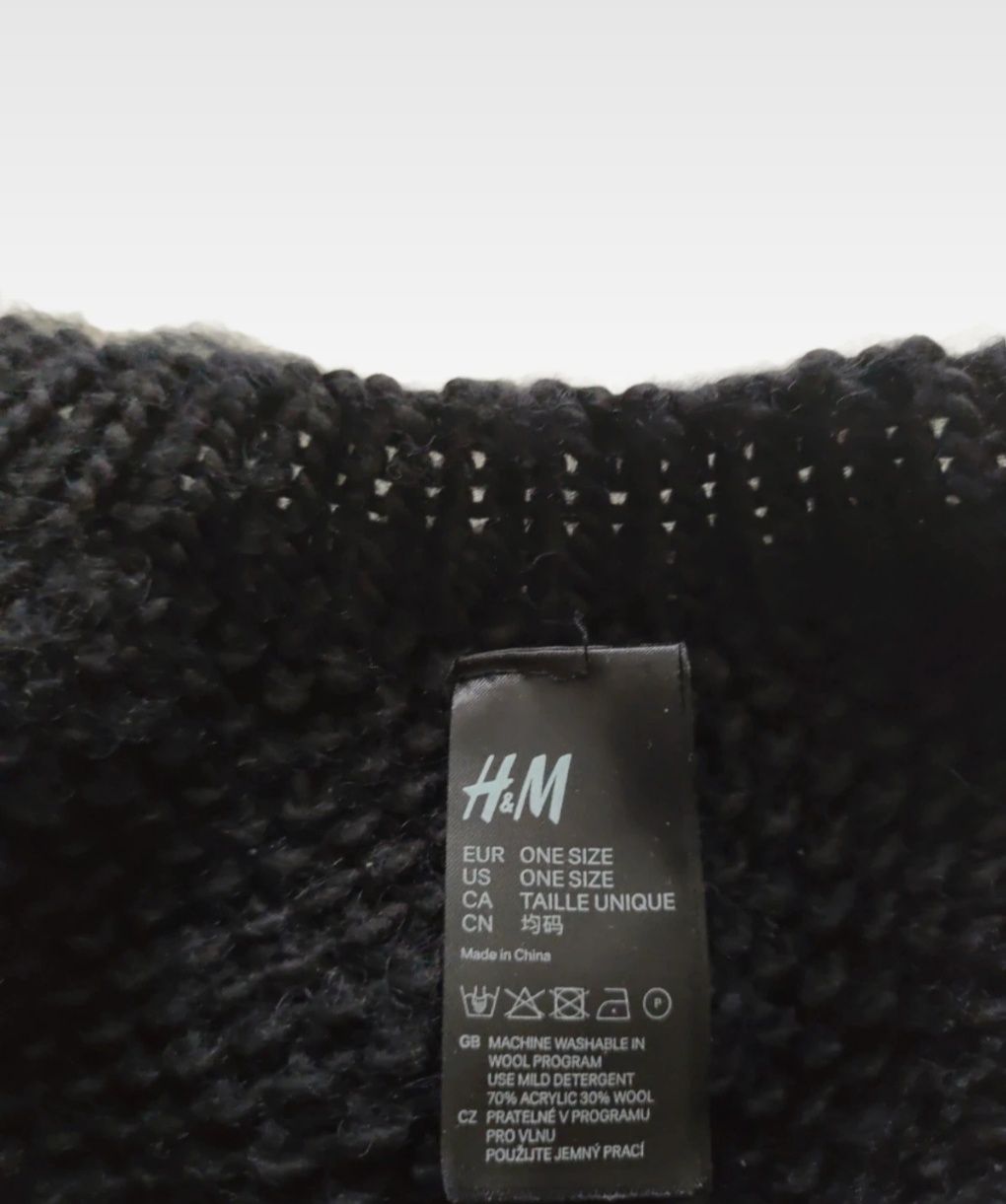 H&M Wełniany czarny ciepły beret damski 30% wełna