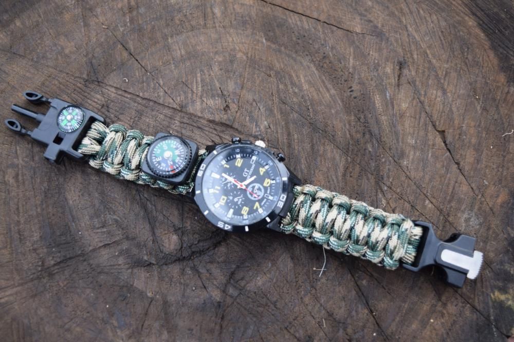 Pulseira paracord camuflada com RELÓGIO flint e bússola airsoft