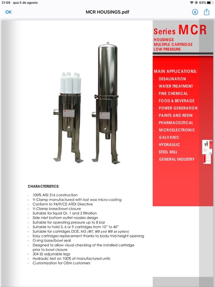 Filtro de fluidos Alimentares