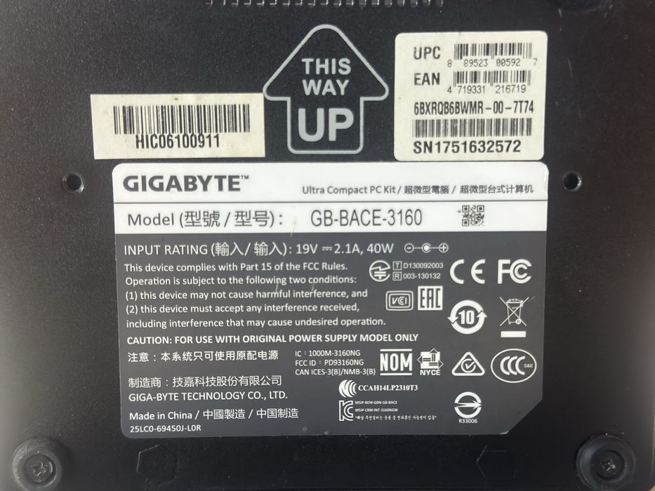 Міні ПК Gigabyte BRIX GB-BACE-3160/Intel CeleronN3160/RAM4GB/SSD128