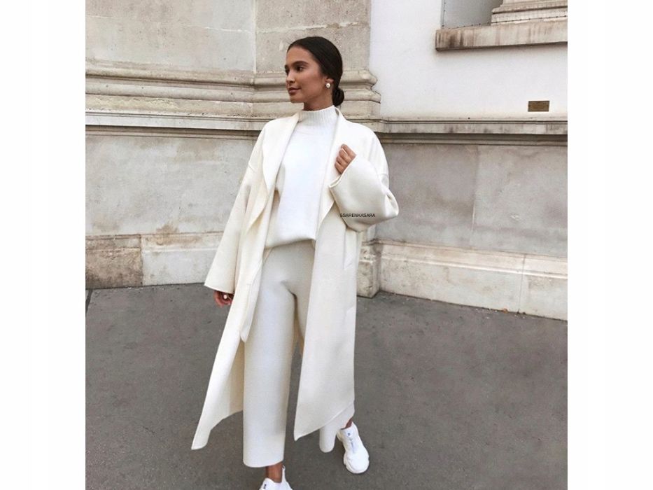 ZARA płaszcz wełniany biały ecru wełna wiązany oversize premium M