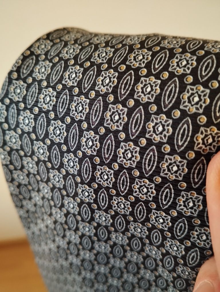 Męski jedwabny krawat 100% silk we wzorki, czarny, szary, 9,5 cm, Cand