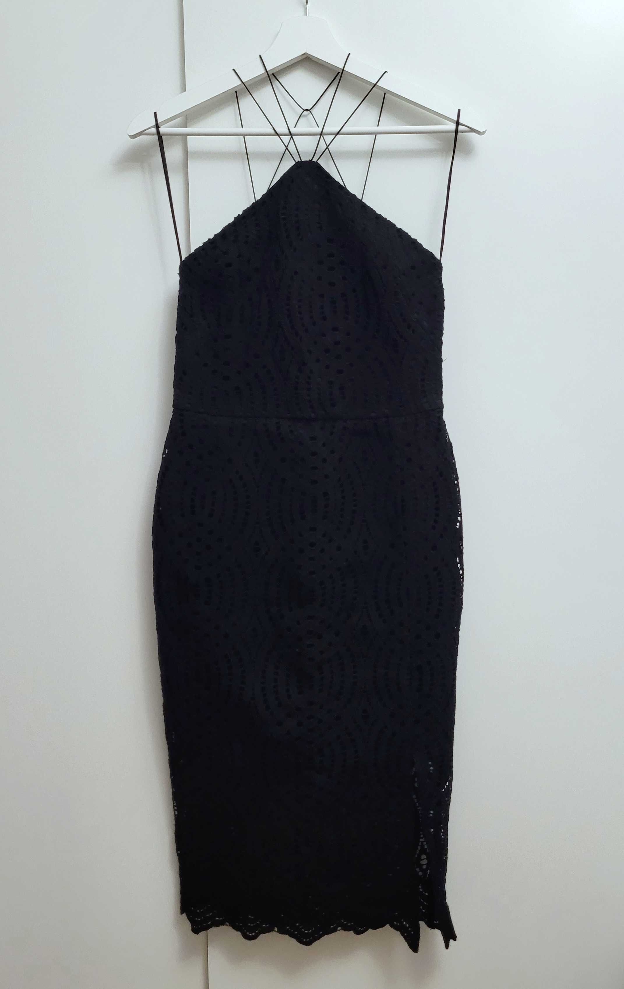 Topshop czarna sukienka midi gipura koronka koronkowa halter 36 38 S M