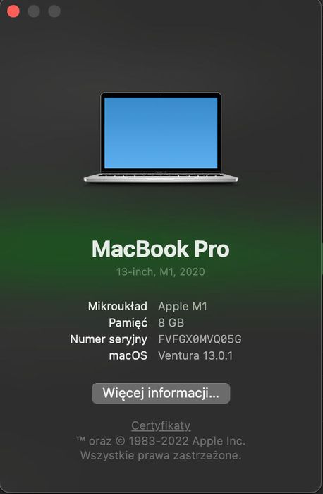 Macbook Pro M1 2020 8GB RAM, 256GB SSD, kondycja baterii 95%