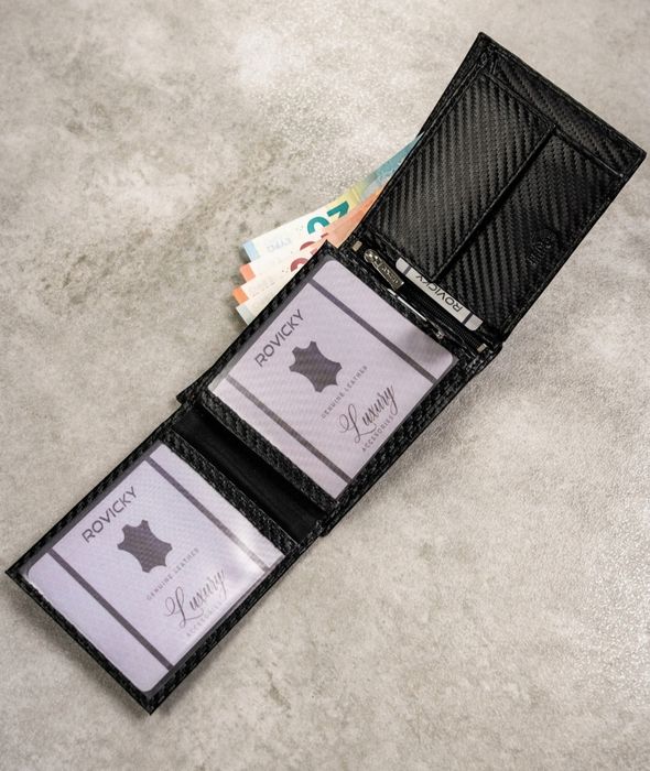 Skórzany portfel męski na zatrzask ochrona kart RFID czarny prezent