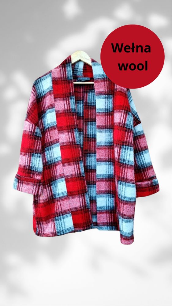 Ciepły sweter z wełną • kardigan w kratę • 36 S 38 M