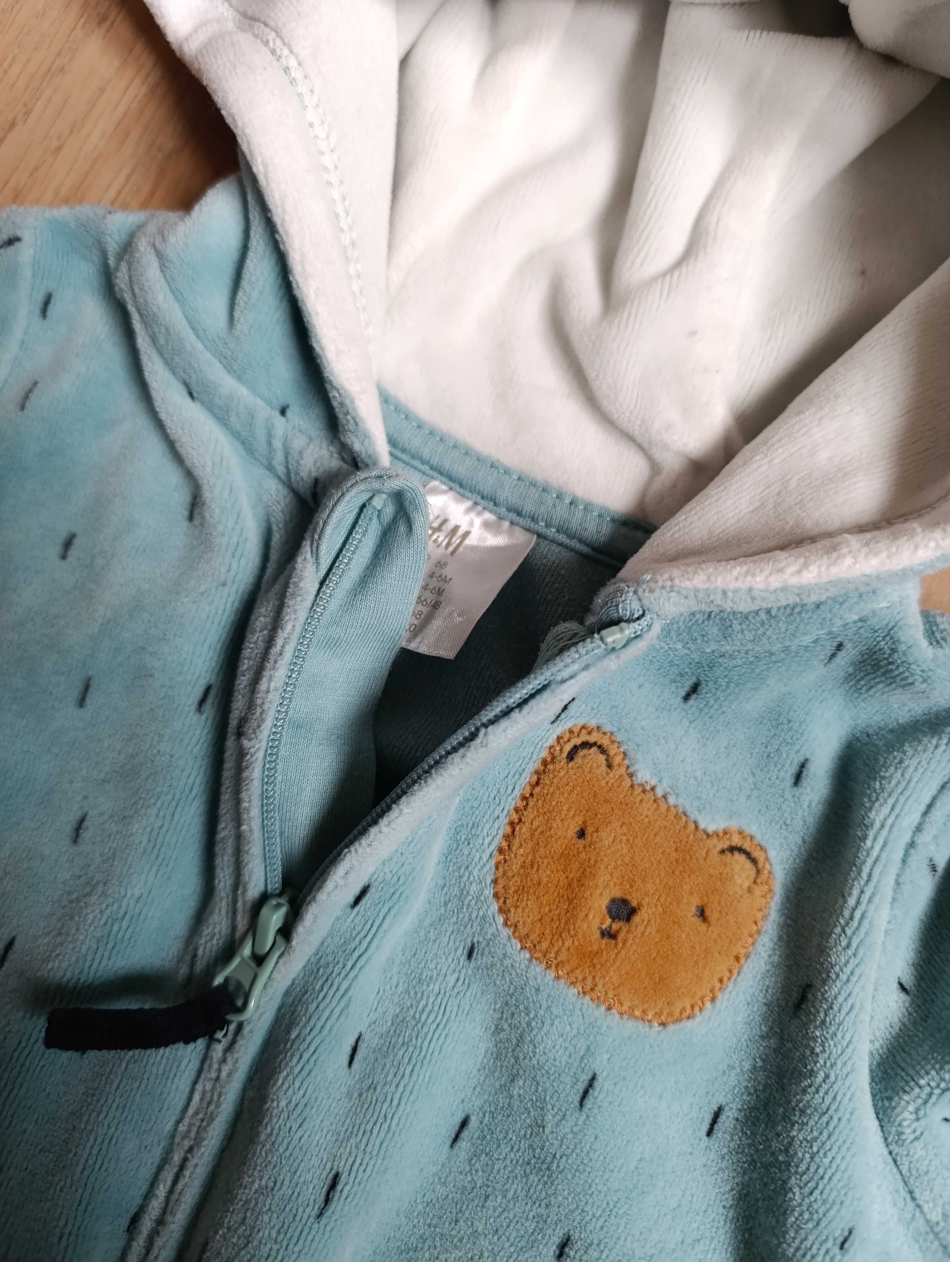 Niebieski kombinezon miś z uszkami 68 H&M ciepły pajacyk jesień polar
