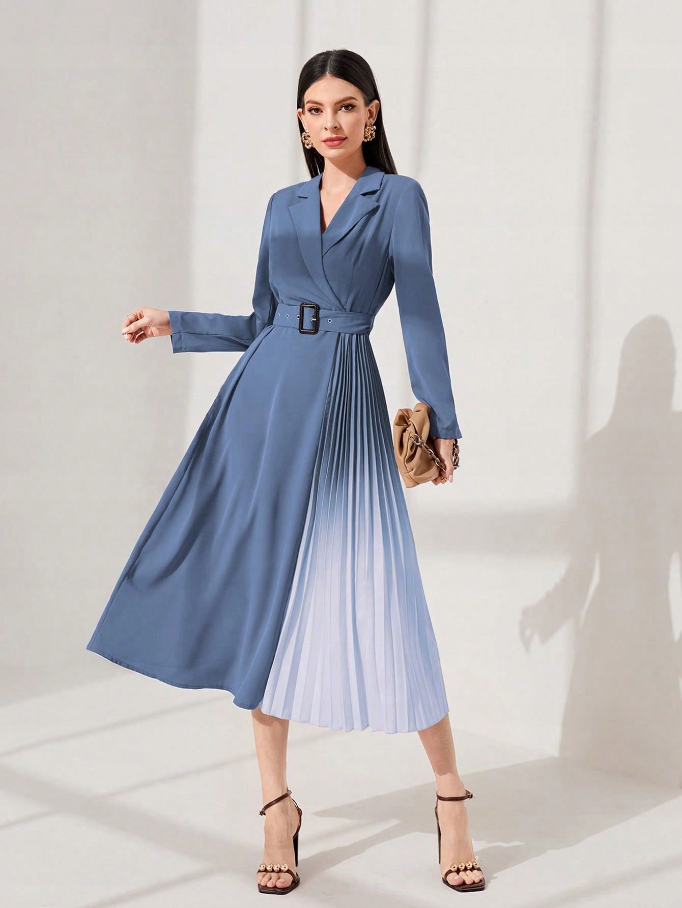 Sukienka Marynarkowa Elegancka Plisowana Ombre Midi Dusty Blue Shein L