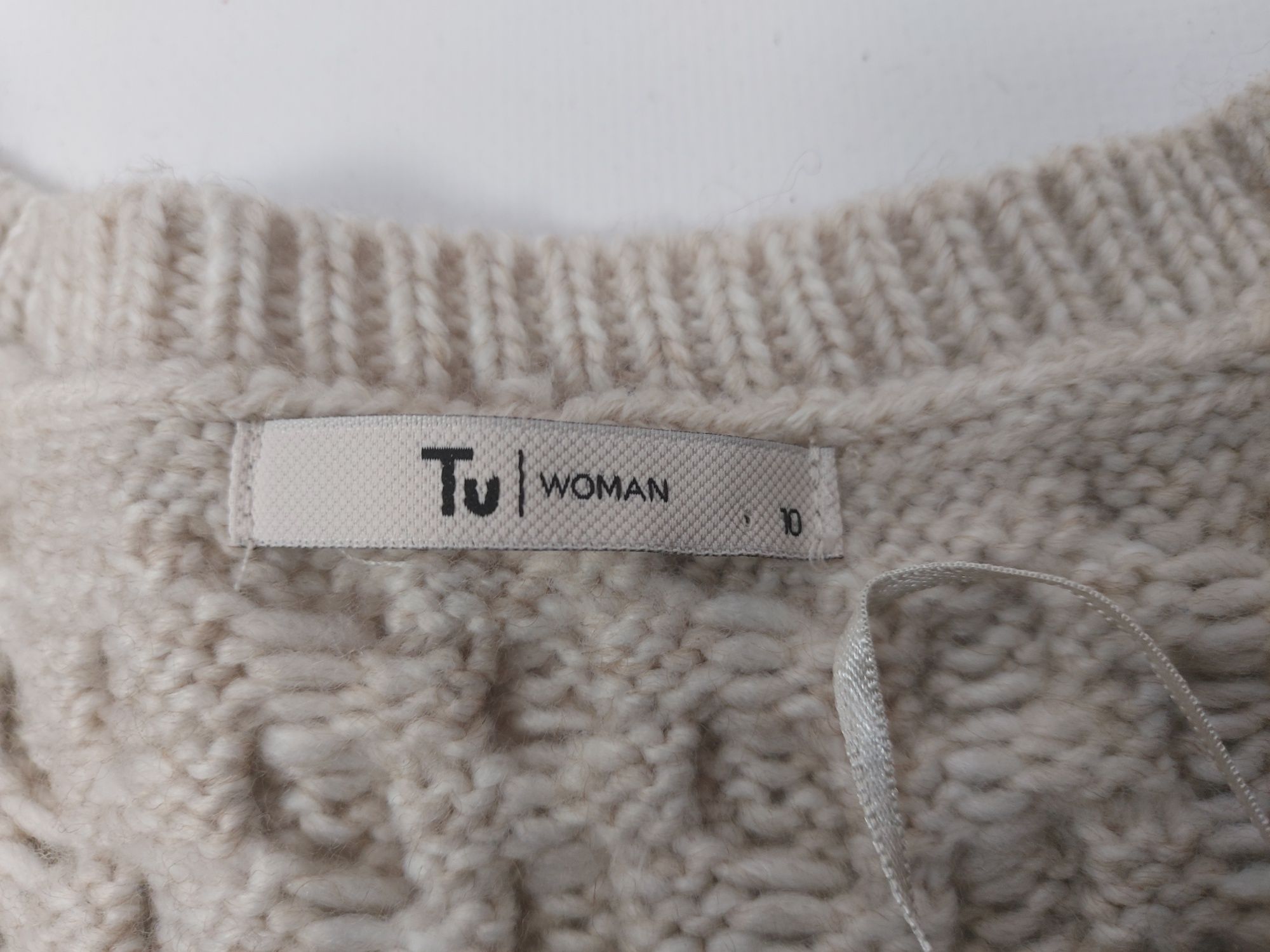 Beżowy sweter kardigan na suwak z fakturą z wełną Tu M 38
