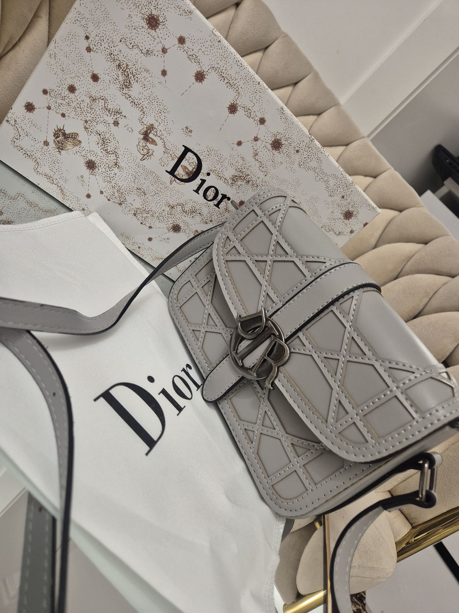 Torebka christian dior szara z pudełkiem komplet na pasku