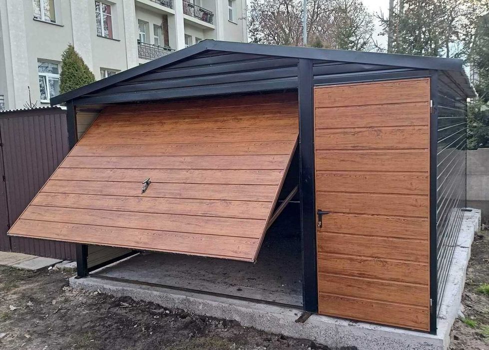 Garaż blaszany okleina DREWNOPODOBNA 3x5 SPAD DACHU NA TYŁ