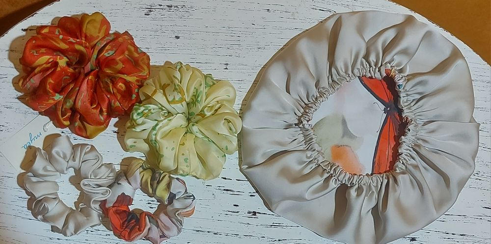 Cieniutki jedwab,  czepek M,  scrunchies  M, XL