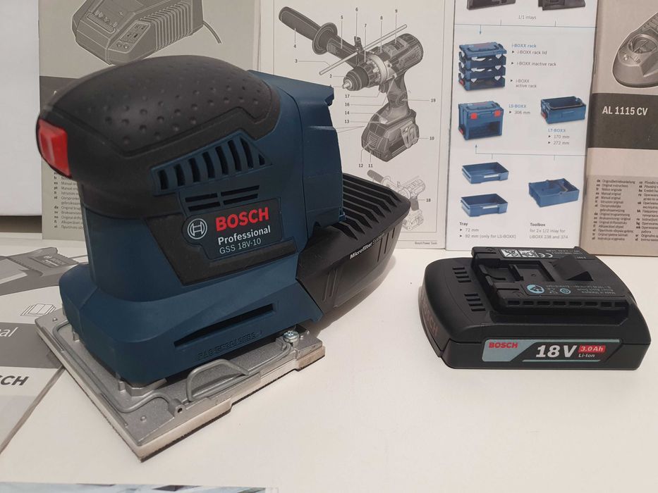 Ładny komplet BOSCH GSS 18V-10 szlifierka oscylacyjna aku 18v nowa