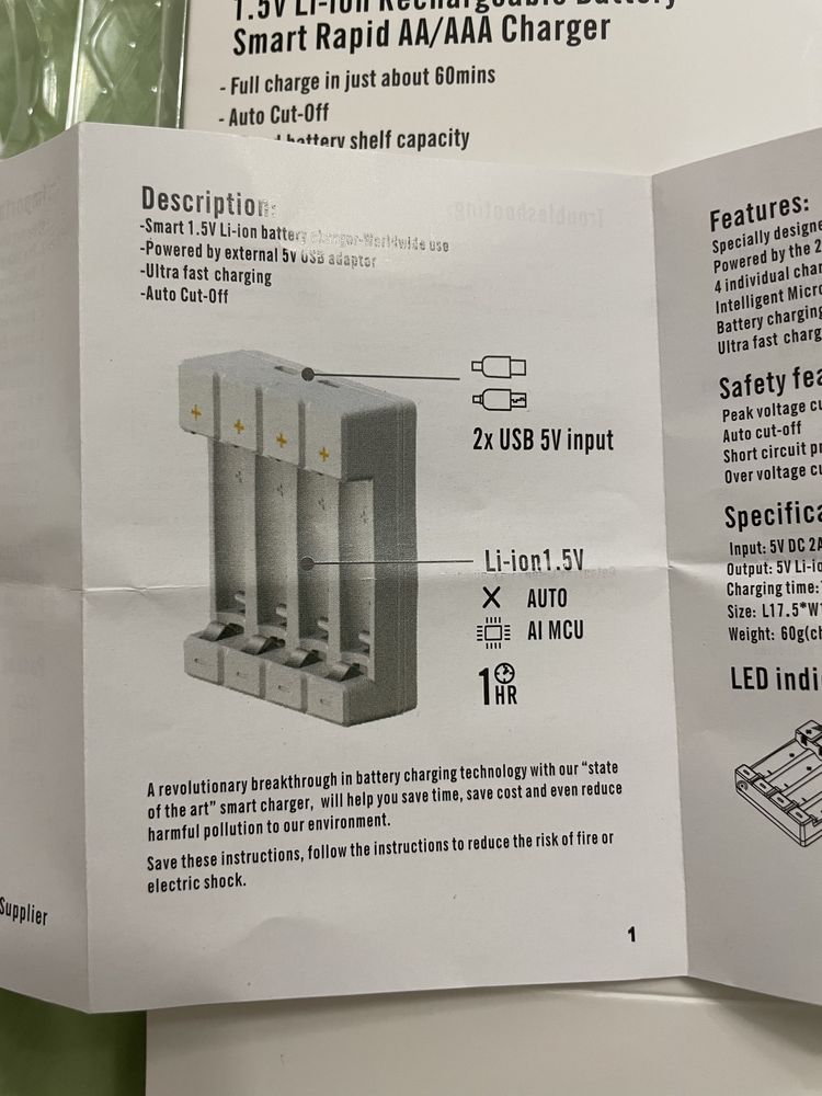 Зарядний пристрій для AA та ААА акб Soshine li-ion акумуляторів 1.5v