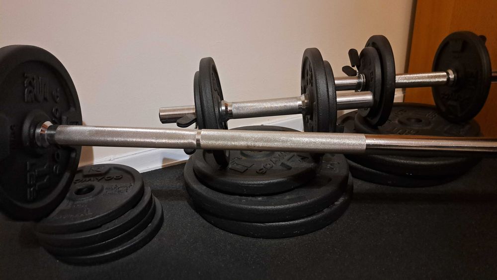 Conjunto ginasio pesos, banco, barras, chão etc