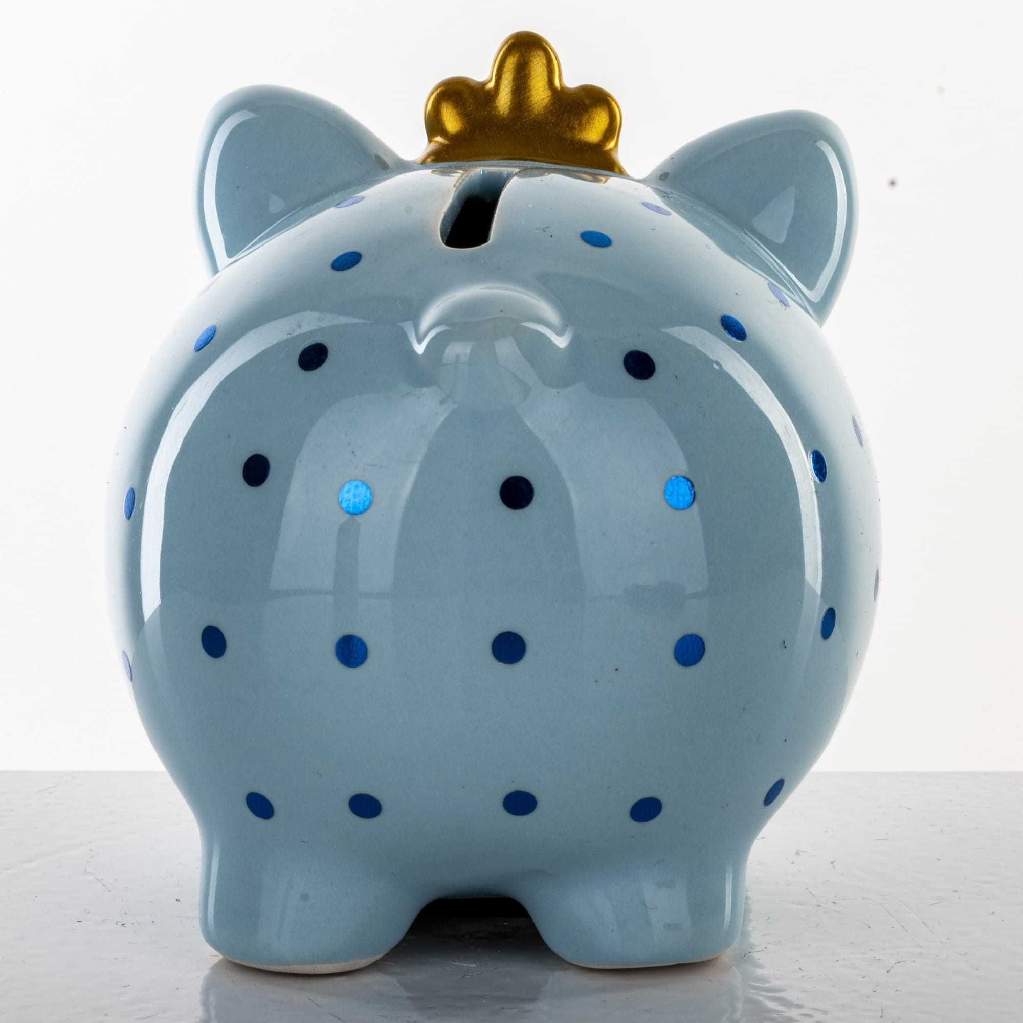 Figurka skarbonka świnka niebieska z koroną otwierana