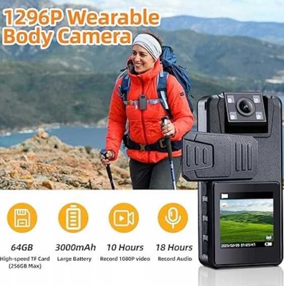 Kamera 1296P 64 GB z Noktowizorem IR Obiektywem 180° klipsy 3-sztuki