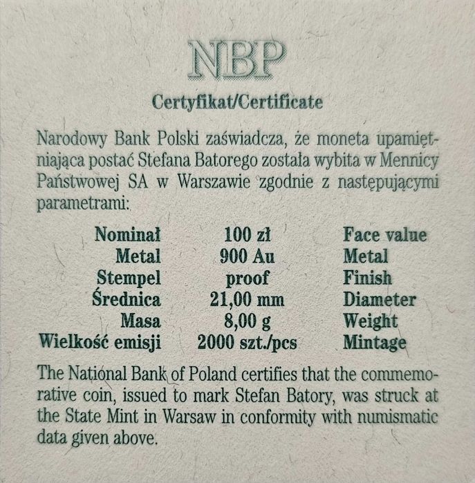 Stefan Batory 100 zł, złota moneta kolekcjonerska