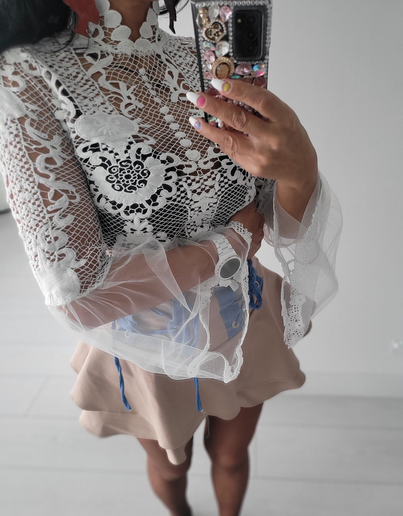 Bluzka koronka gipiura żakardowa siateczka elegancka stójka piękna
