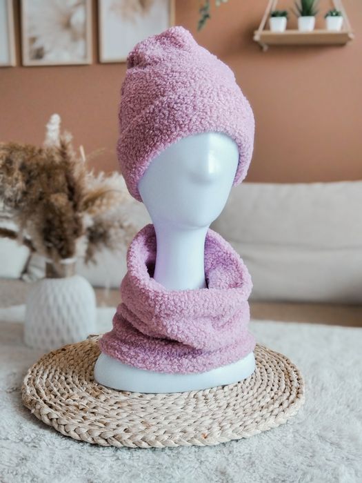 Komplet zimowy baranek pudrowy róż