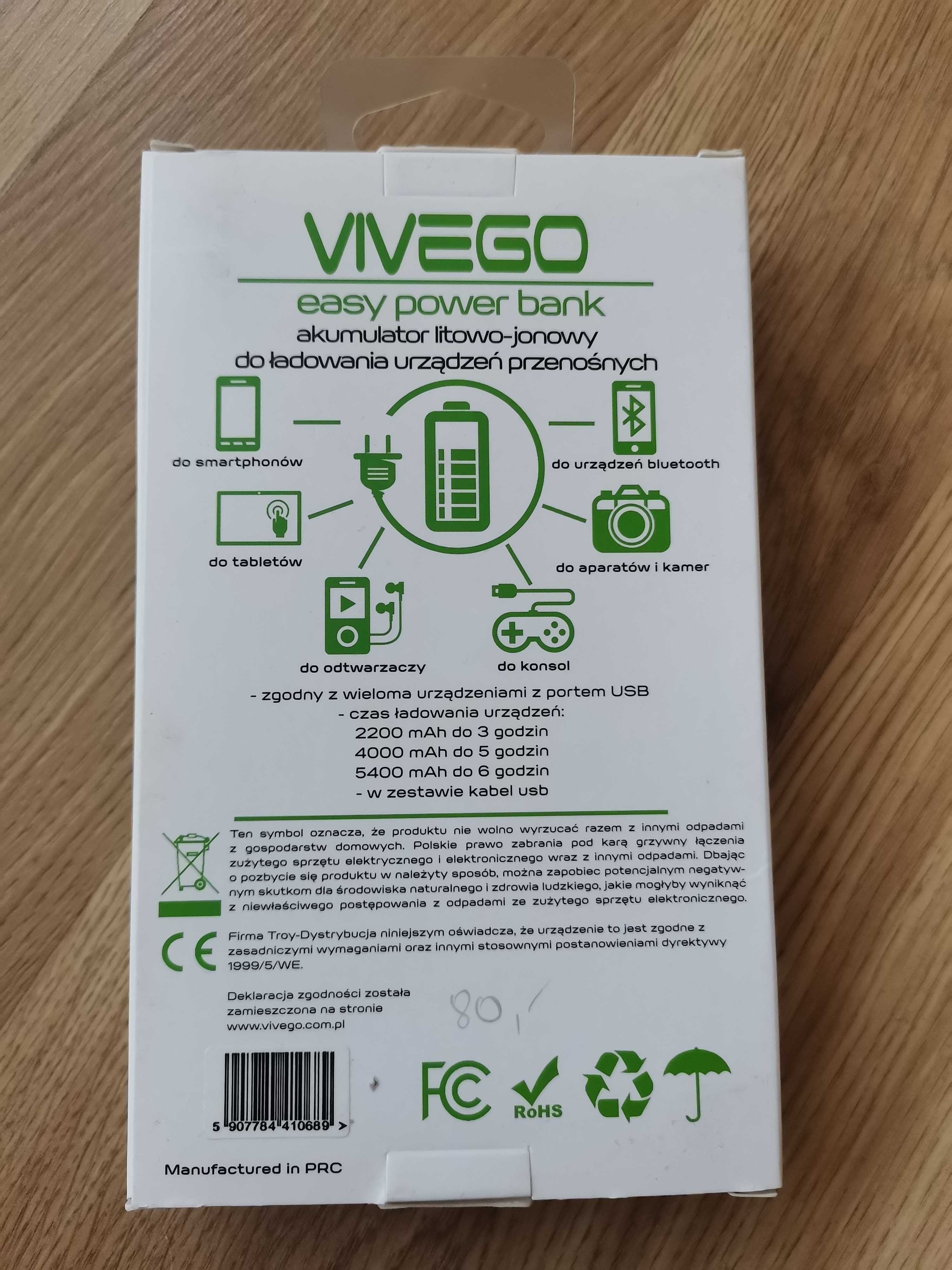 Power bank, 5400 mAh, Vivego
