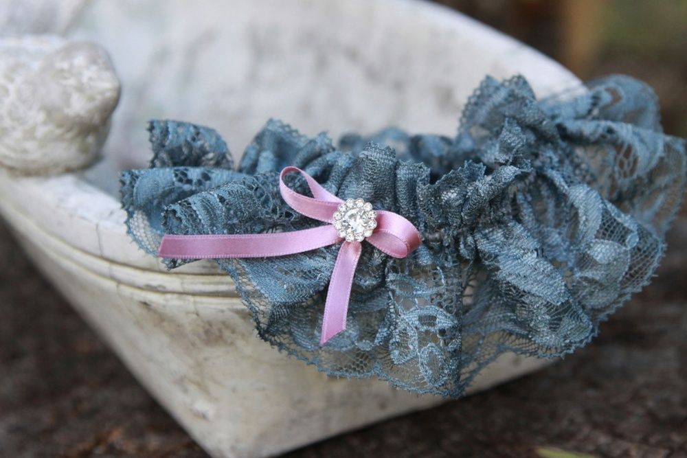 podwiązka ślubna dusty blue handmade