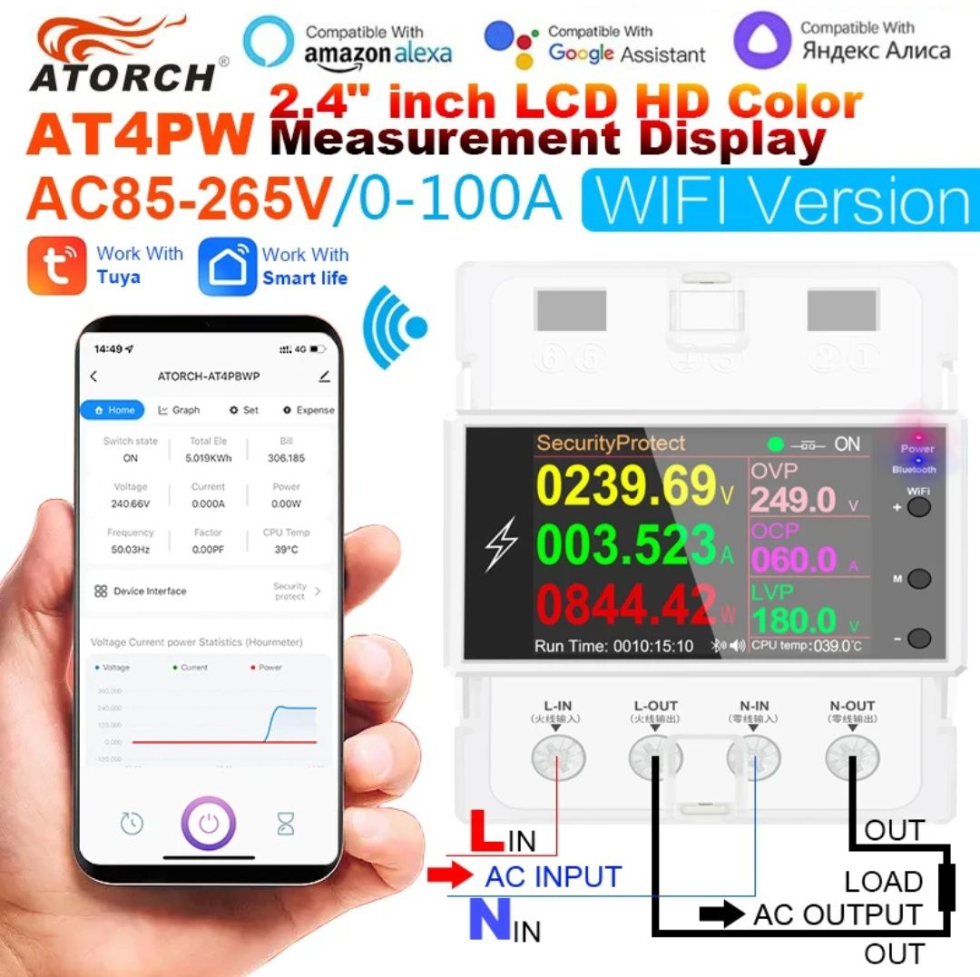 Ваттметр, реле напряжения Atorch 100A Tuya WiFi