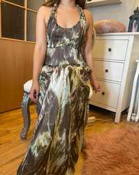 Sukienka długa drewniane ramiączka detale wzorzysta zielona khaki Rage