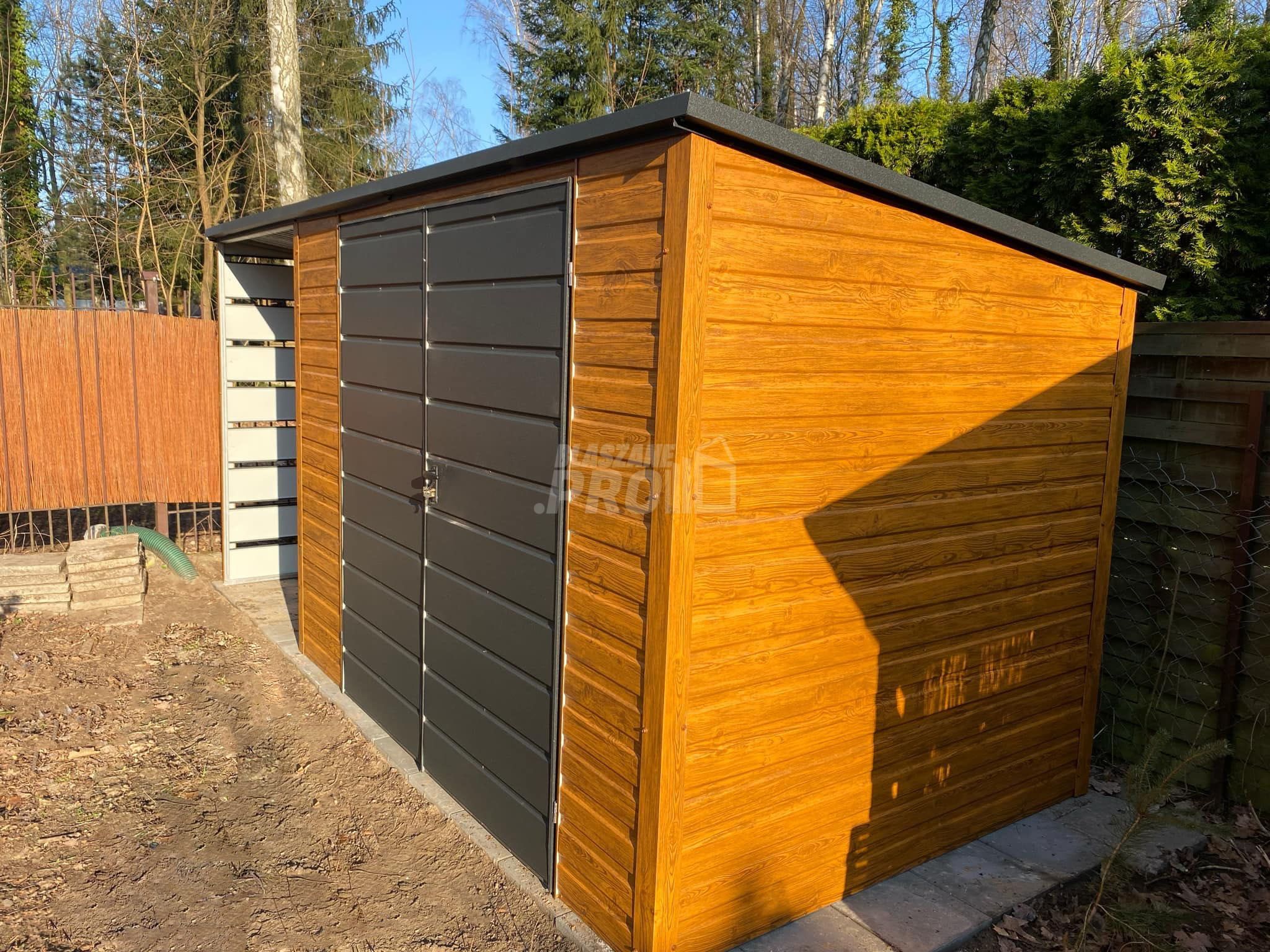 Schowek - Domek Ogrodowy 3x2m + wiata 1,5m  j. orzech spad w tył GP559