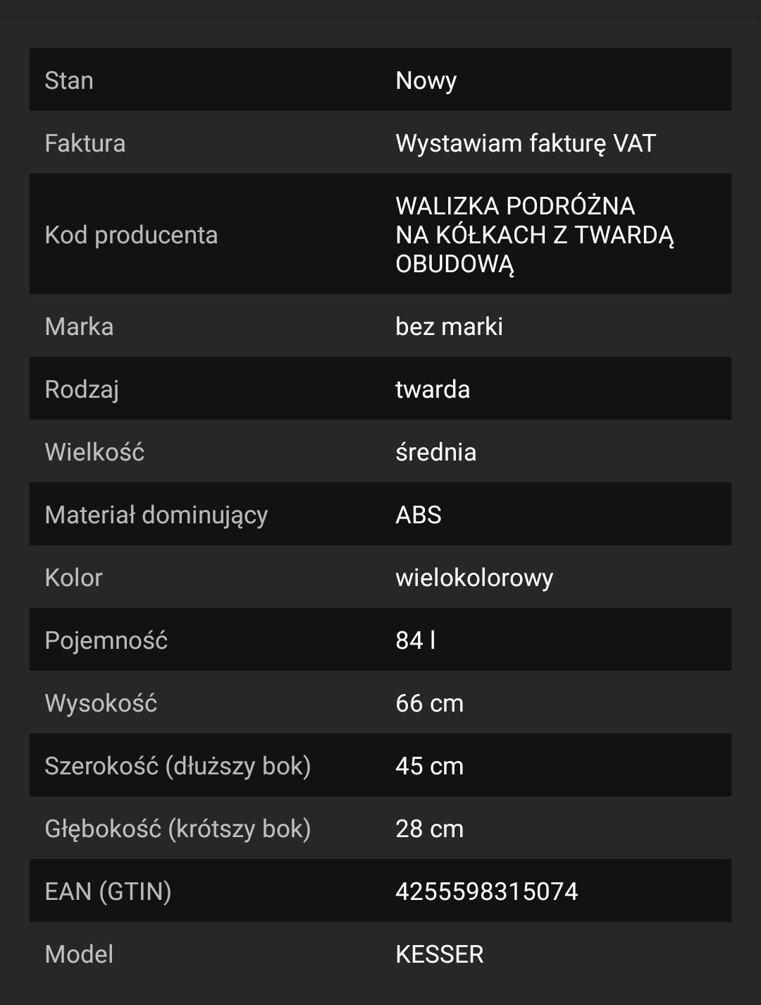 WALIZKA PODRÓŻNA z twardą obudową zamek TSA 4 kółka 75x50x30 99L czarn
