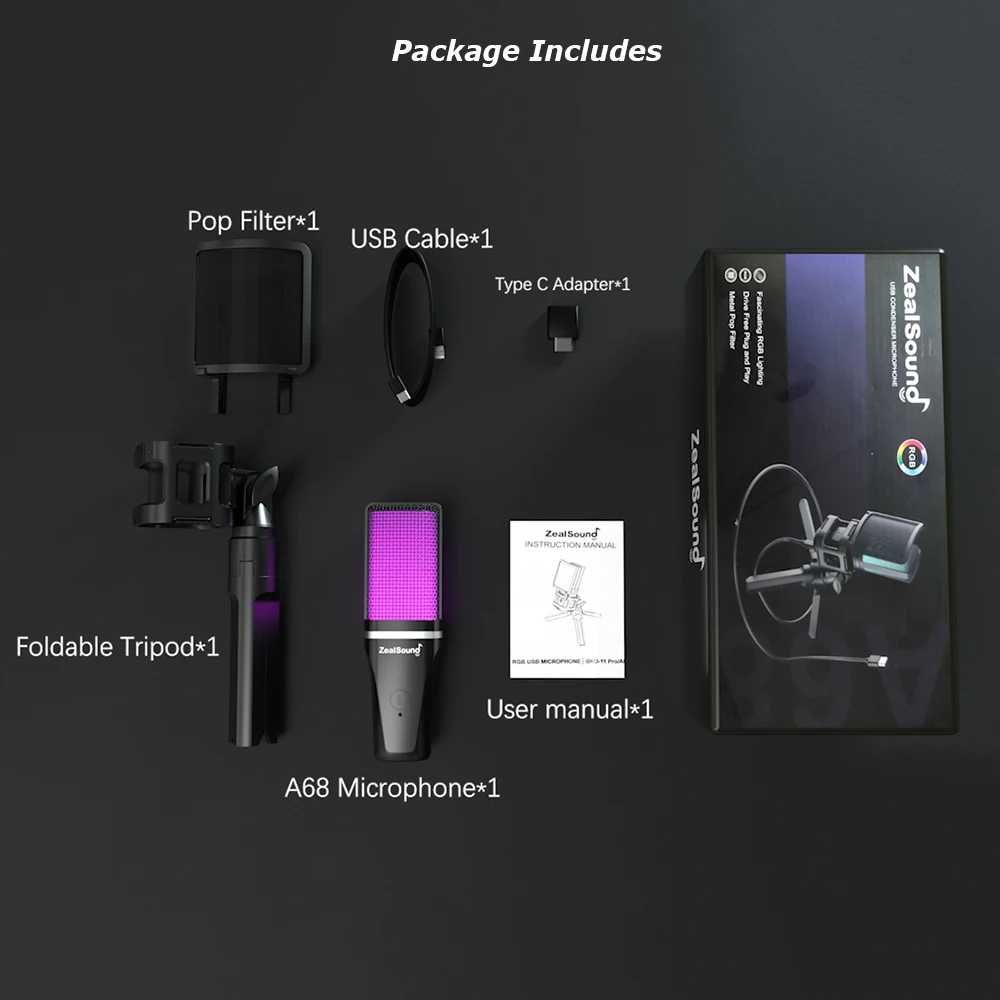 Конденсаторний USB-мікрофон ZealSound A68 RGB для ПК і Mac Новий!