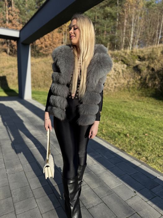 Kamizelka kołnierz z lisa szara 2 w 1 futro naturalne nowa rzędowa m